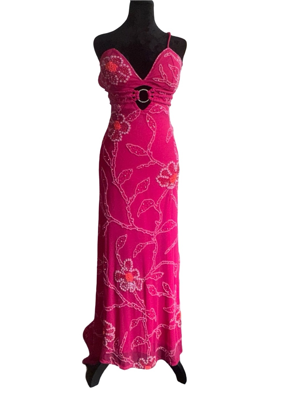 Vintage Y2K Hot Pink Beaded Floral Open Back Maxi Prom Dress size small